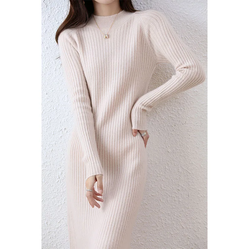 Autumn and Winter New Women's Half High Collar 100% Pure Wool Skirt Stripe Pullover Slim Over Knee Versatile Knitted Skirt