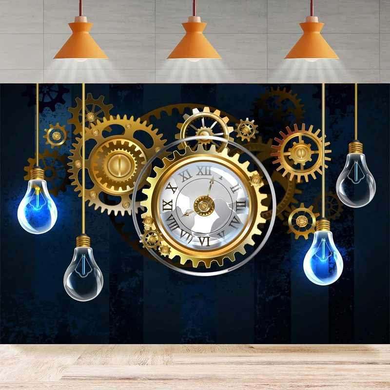 Photography Backdrop Antique Metal Clock Gear Lamp Bulb Industrial Background Steam Party Decoration Adult Portrait Photo Booth