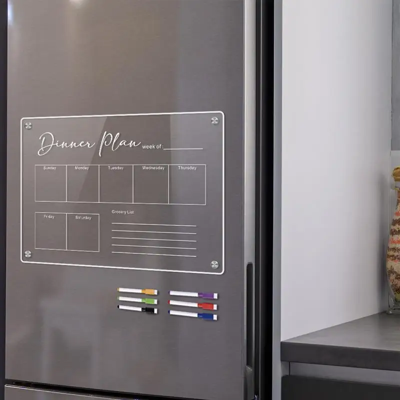 Magnetic Dry Erase Planner Board, Clear Fridge Noteboard com marcadores, Calendário Memo