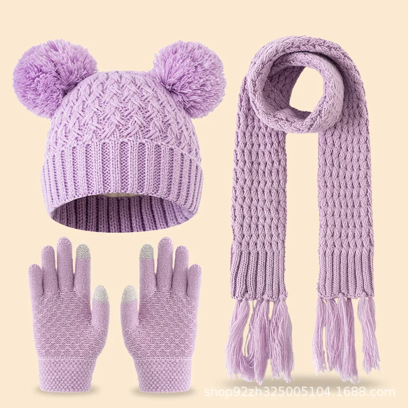 3pcs Cute Children Winter Knitted Beanie Scarf Gloves Set Bear Ears Touchscreen Design for School Outdoor Trip
