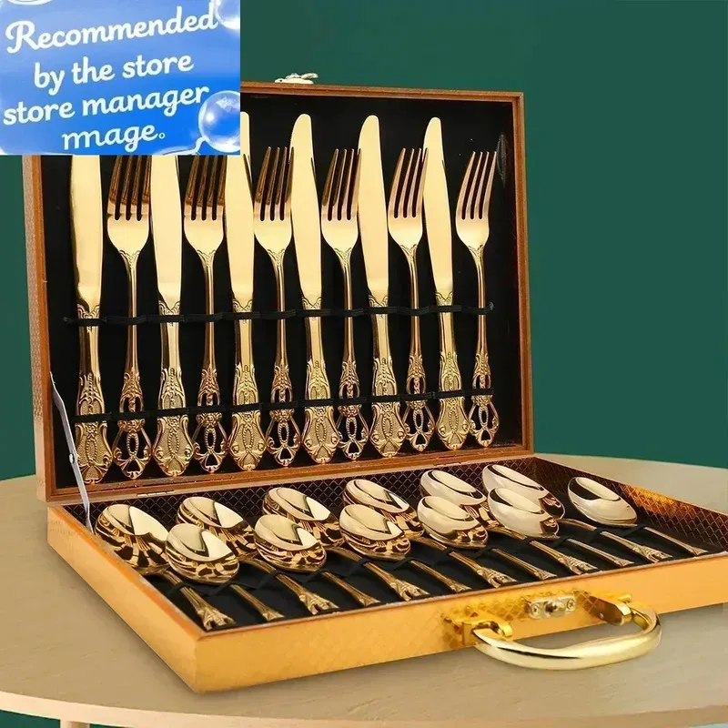 

24-Piece Gold Stainless Steel Cutlery Set - European Elegant Design Fork & Spoon, Dishwasher Safe Flatware Service Set