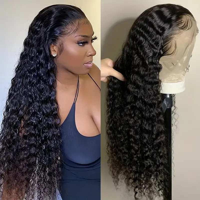 Perruque Lace Front Wig sans colle naturelle noire pour femme, cheveux humains, boucles Deep Wave, haute qualité, 13x4 HD, 180%, 22 po, 40 po