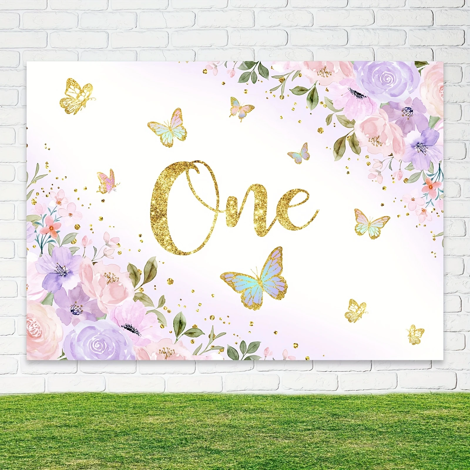 Butterfly Birthday Strap Girl Princess Watercolor Painting Gold Dot Background Banner