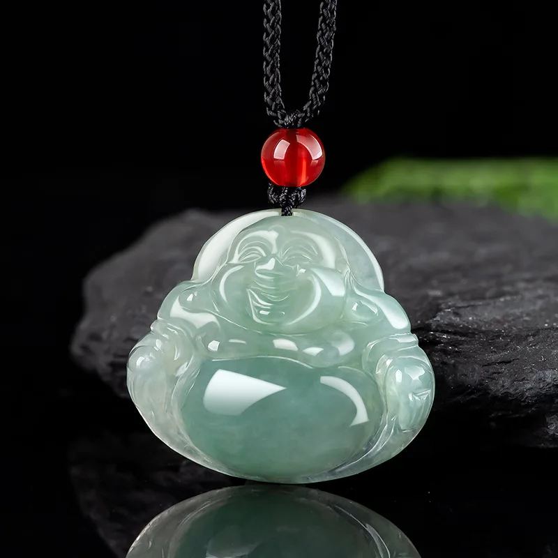 Natural A-grade Jadeite Light Blue Water Buddha Big Belly Buddha Old Materials Ice Type Jadeite Pendants Women's Charms  Jewelry