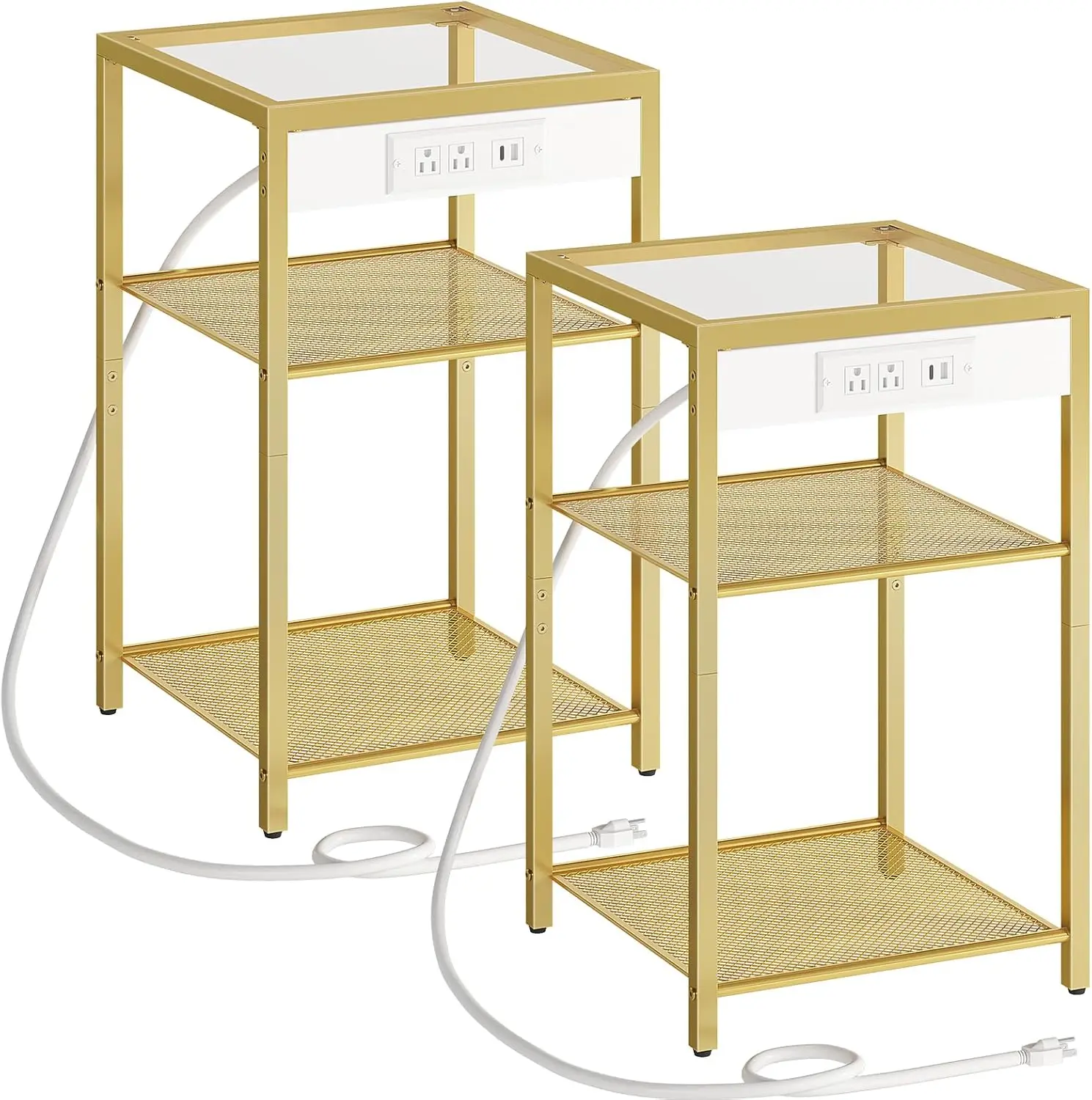 

End Tables Set of 2 with Charging Station, USB Ports, Power Outlets, 3-Tier Slim Nightstands, Tempered Glass