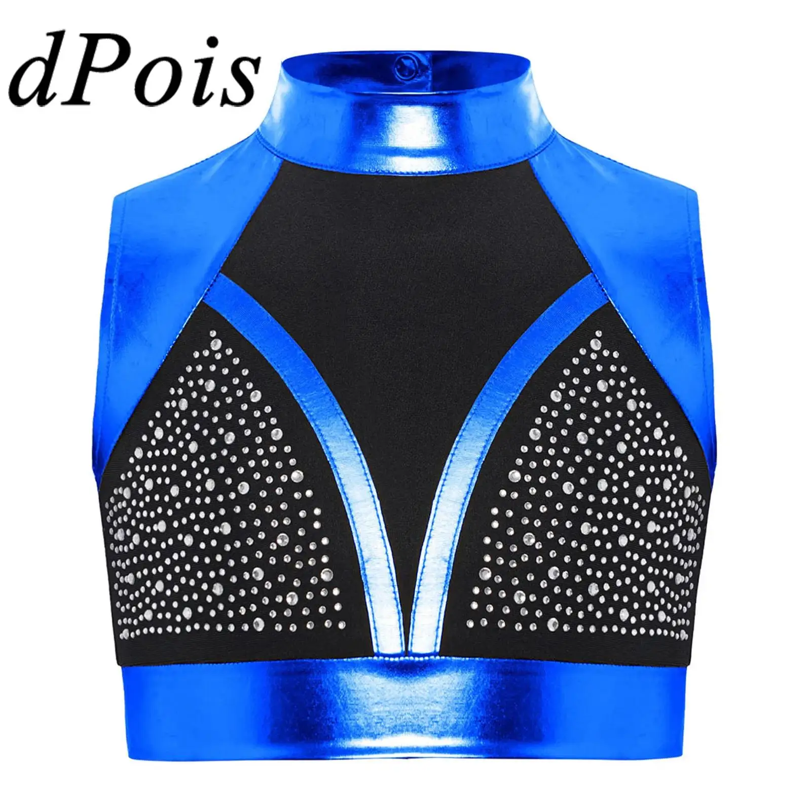 

Детский укороченный топ для катания на коньках со стразами для девочек, уличная одежда, топы на бретелях с эффектом металлик, дискотека, хип-хоп, джаз, дискотека, танцевальный костюм