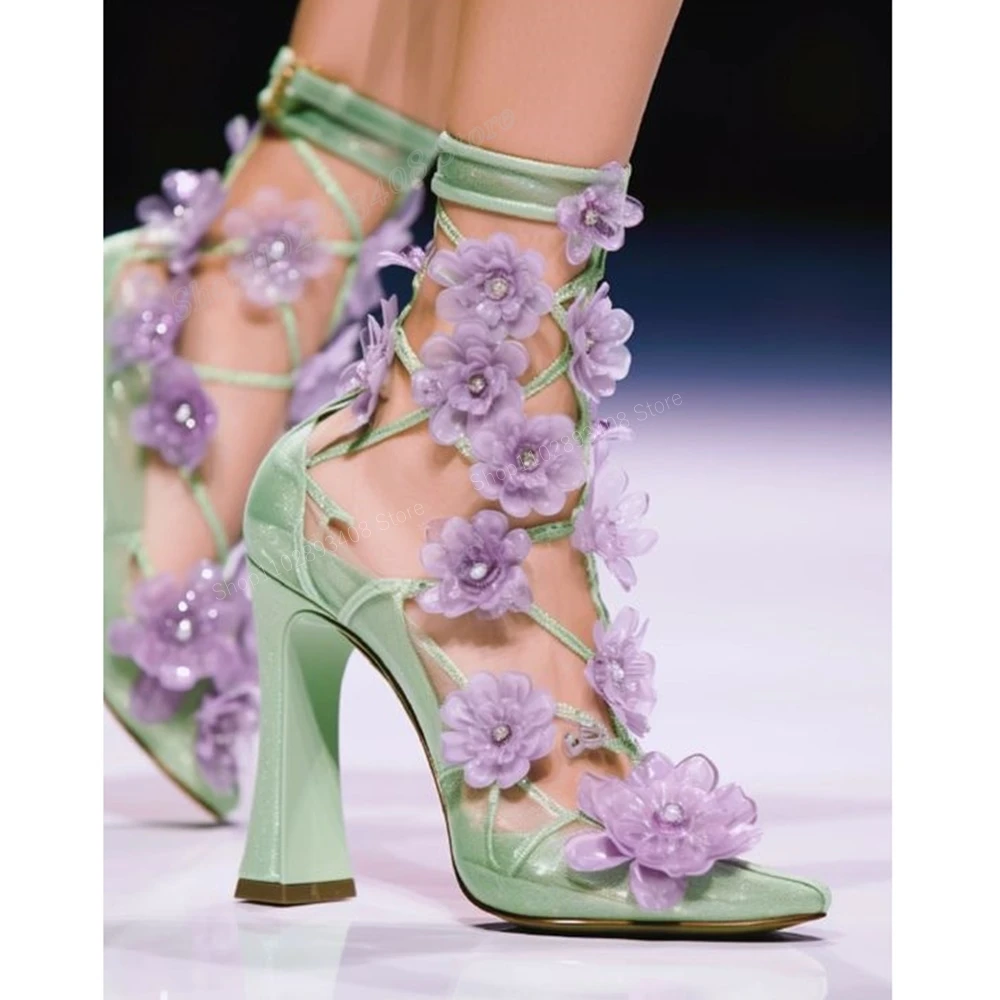 Purple Flowers Design Hollow Pumps Runway Chunky High Heel Silk Pointed Toe Fashion Sweet Women Shoes 2024 Zapatos Para Mujere