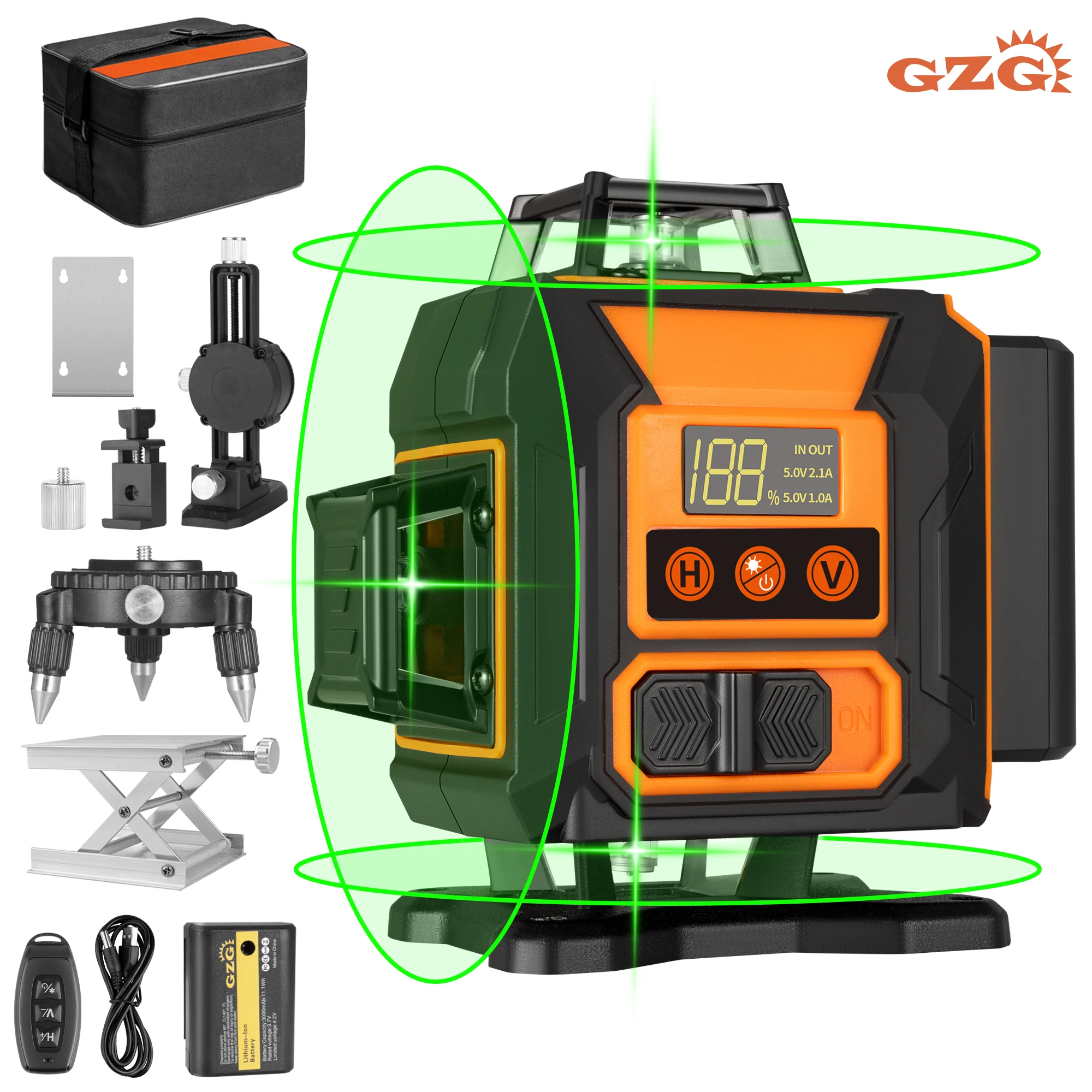 GZG Laser Level 4x360 Self-Leveling 16 Lines Green Beam 4D Cross Professional Line Laser Tool Pulse Mode LCD Screen Lifting Base