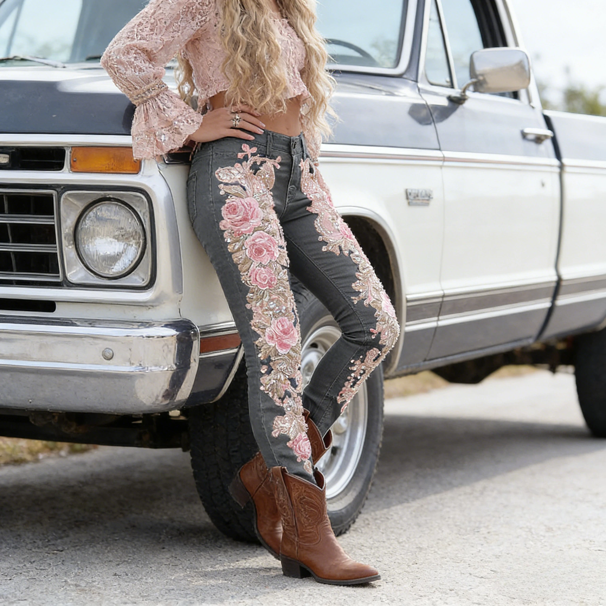 

Женские модные повседневные джинсы прямого кроя в европейско-американском стиле с 3D цветочным принтом, джинсовые брюки, трансграничная поставка