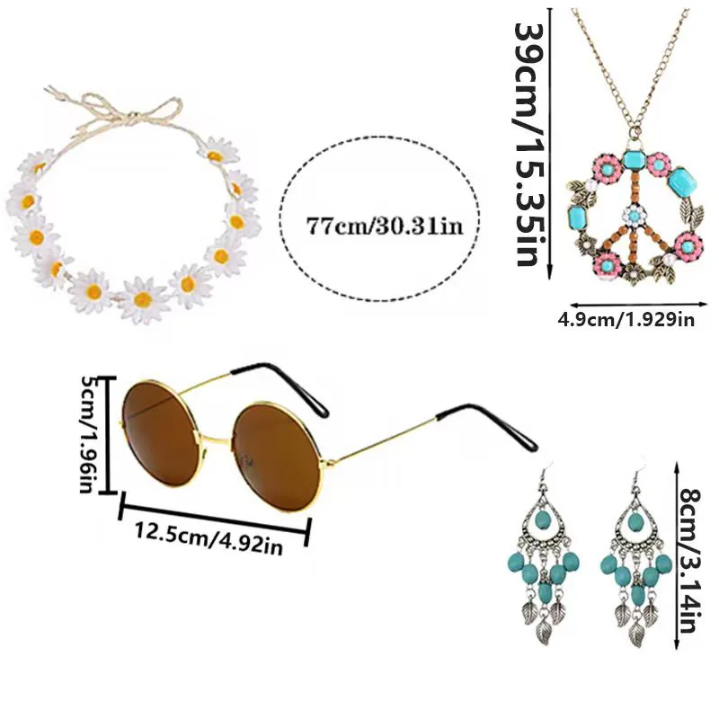 Les accessoires de costume hippie PESENAR comprennent des lunettes de soleil, un collier avec signe de paix, un bandeau et une boucle d'oreille Boho pour une fête des années 60 et 70