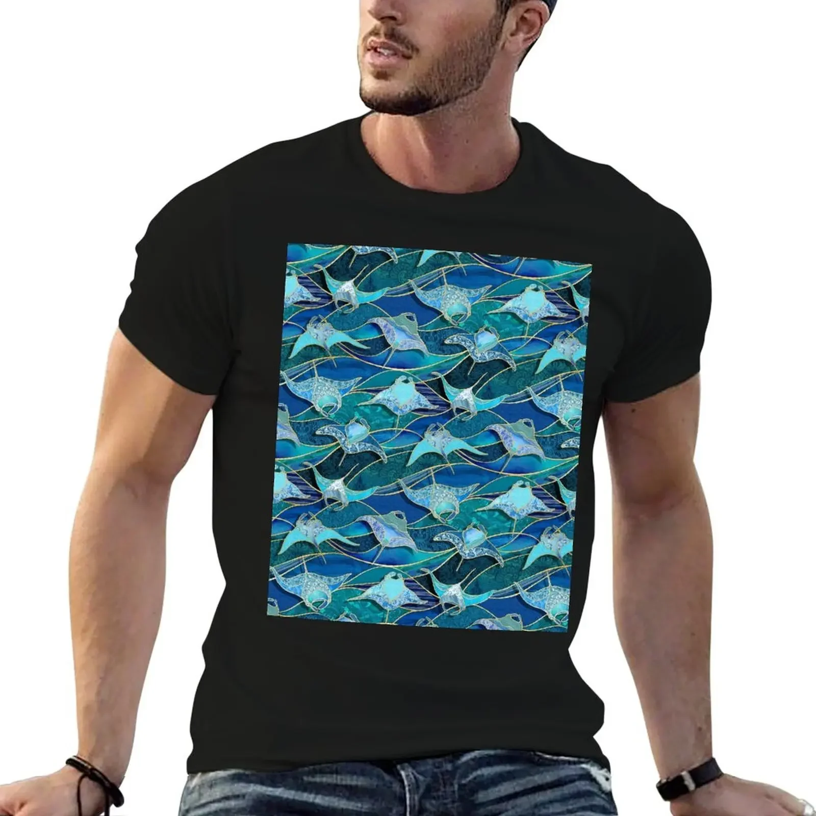 Patchwork Manta Rays in Sapphire and Turquoise Blue T-Shirt shirts graphic tees baggy shirts heavyweight t shirts for men