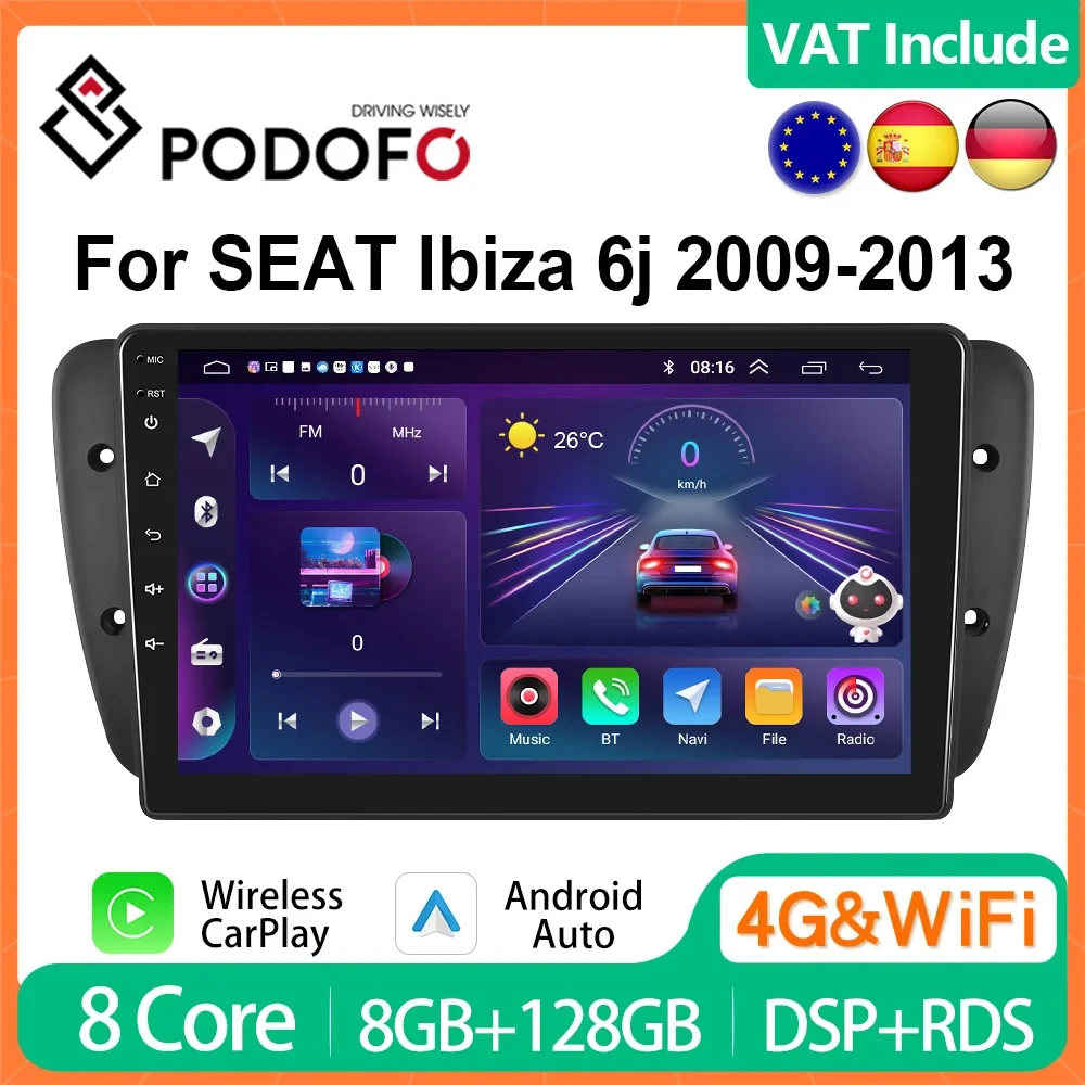 Podofo 4G  CarPlay Android Car Radio For SEAT Ibiza 6j 2009-2013 Multimedia Player HiFi Stereo Receiver GPS Navi 2din Head Unit