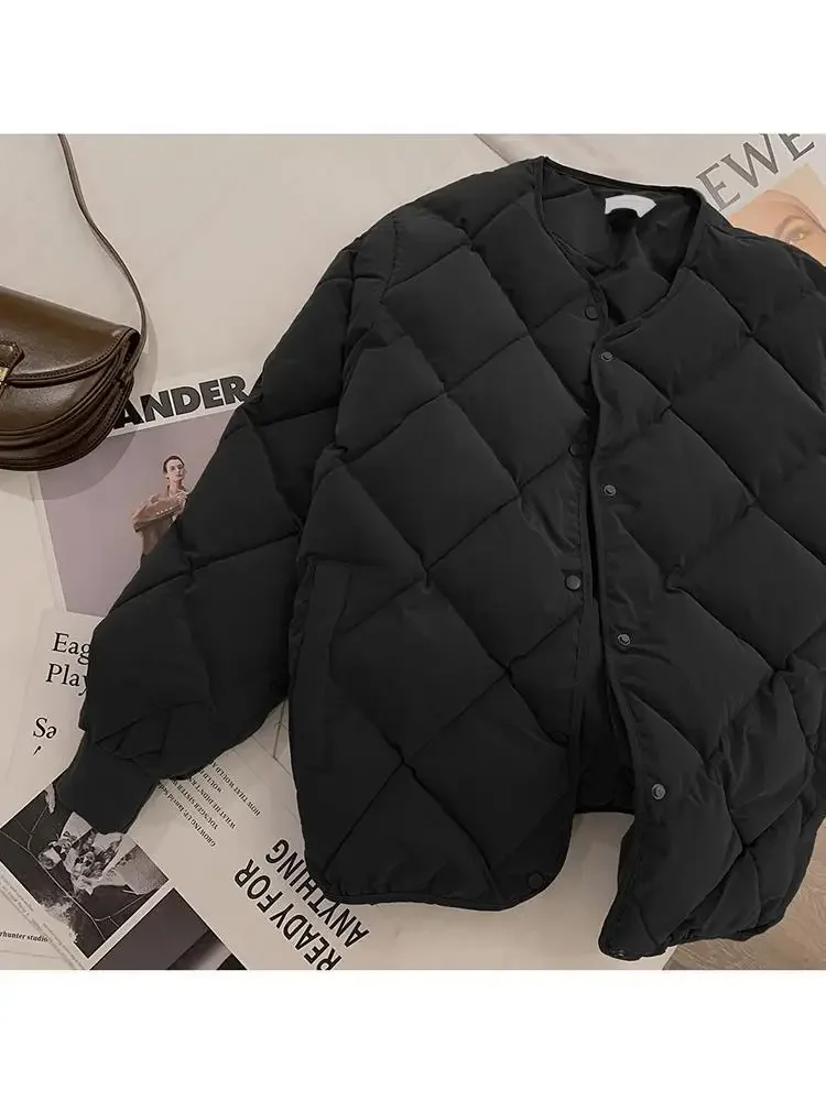 Vintage Cropped Quilted Jacket Women Old Money Fashion Winter Warm Lightweight Padded Jackets Chic Elegant Korean Style