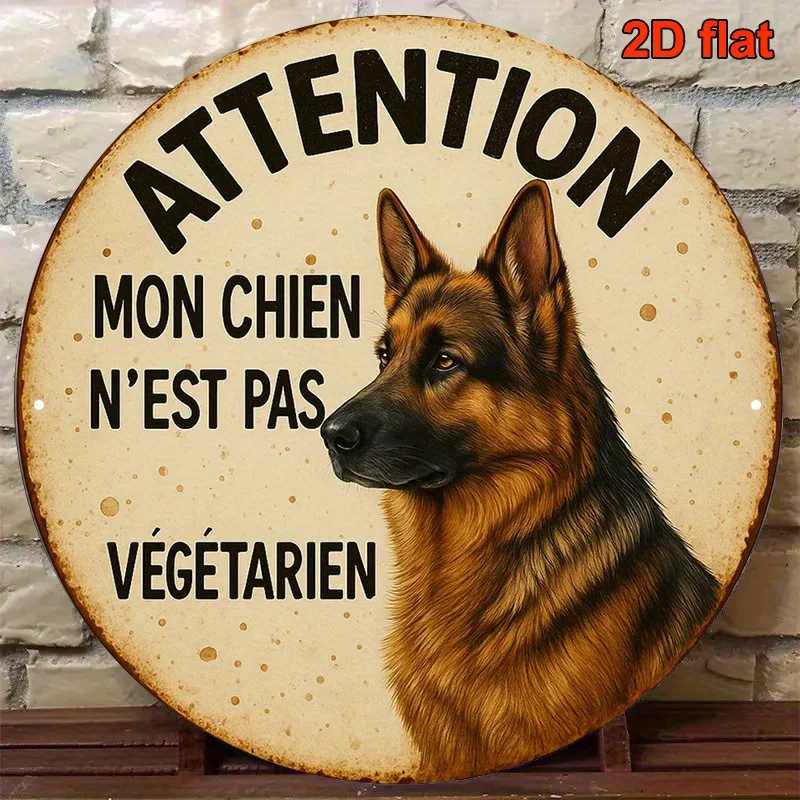 French German Shepherd Dog Decorative Sign - Round Metal Pet Owner Warning Plaque with 
