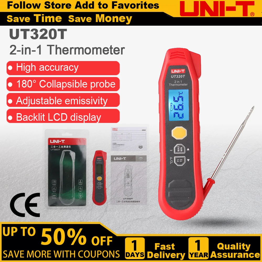 

UNI-T UT320T 2-in-1 Thermometer Industry Infrared and Probe Measurement High Accuracy Industrial Thermometers Backlit LCD.