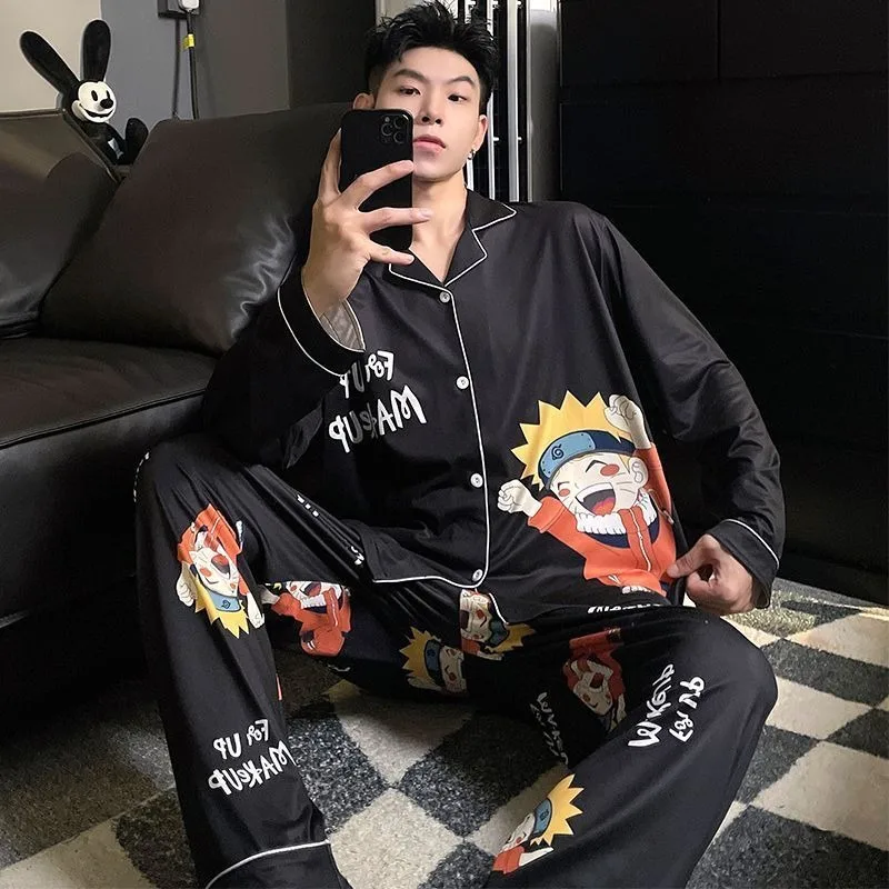 Naruto anime herenpyjama puur katoenen broek met lange mouwen dunne lente en herfst cartoon losse grote maat huiskledingset