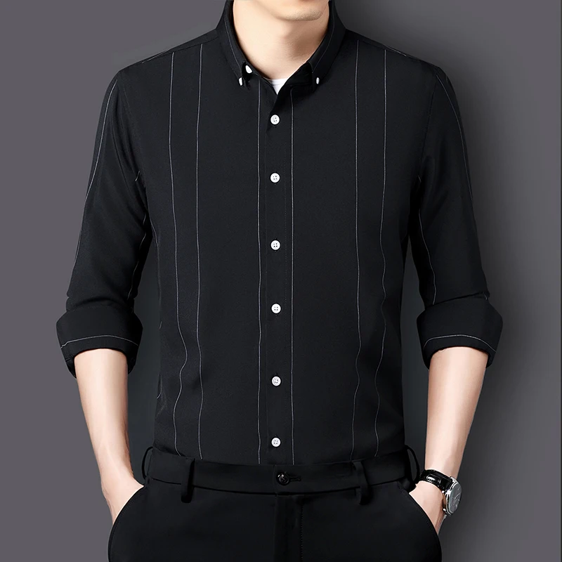 Stretch Stripe Shirts Long Sleeve Men's Korean Fashion New Dress Shirts Male Slim Social Business Anti-Wrinkle Casual Shirt