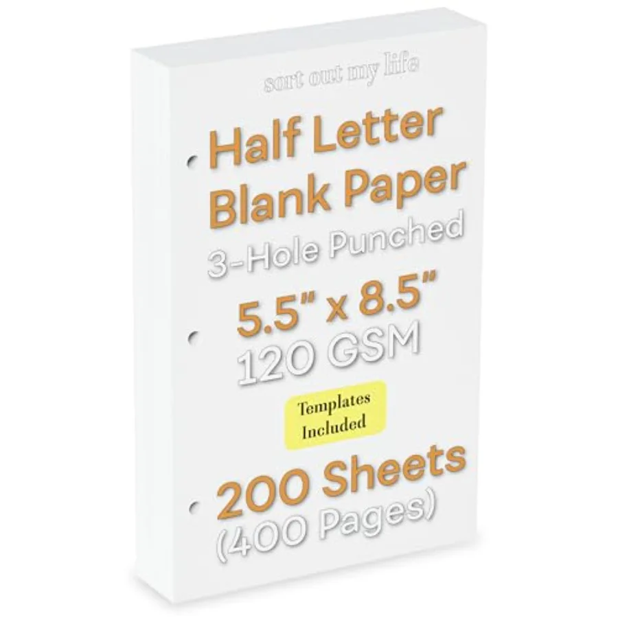 

Half Letter 3-Hole Punched Blank Paper, 200 Sheets, 120 GSM, Loose Leaf, 5.5 x 8.5 inch, for Printing Custom Templates and DIY