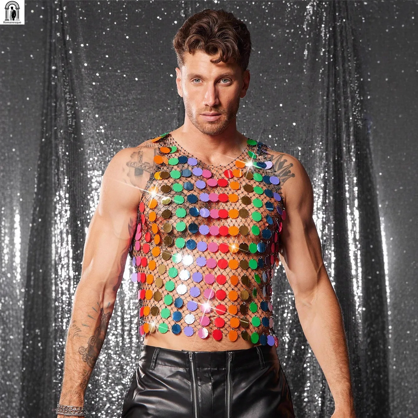 New Arrival Fashion Sequined Fishnet Tank Top Men Women Hollow Out Sexy Club Party Wear Vest Tops Men's Sexy See-through T-shirt