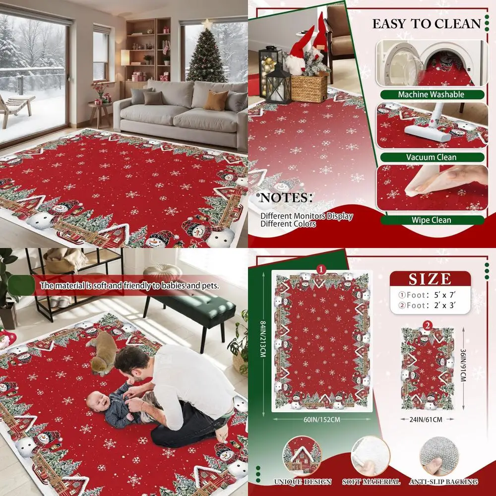 

5x7ft Washable Snowman Rug, Large Non-Slip Christmas Tree Mat for Home, Winter Holiday Decor for Entryway, Living Room, Bedroom,
