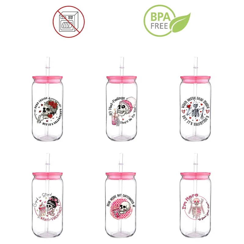 

Love Valentine Design Skull Printed Transfer BPA Free Plastic Straw Cup Comes With Sreaw And Cup Lid Can Coffee 16 OZ Drink Coff