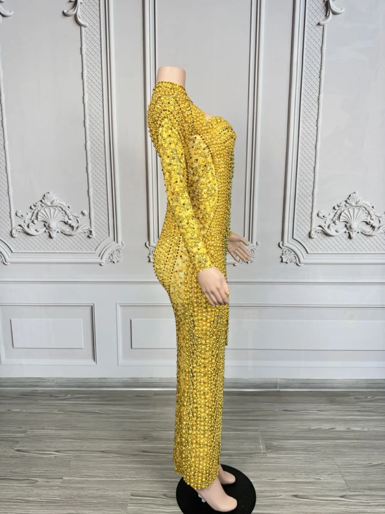 Elegancka, seksowna, błyszcząca sukienka długa z perłami i cyrkoniami Jincancan, damska, na przyjęcie urodzinowe, wieczór, studniówkę, wesele, luksusowe sesje zdjęciowe.