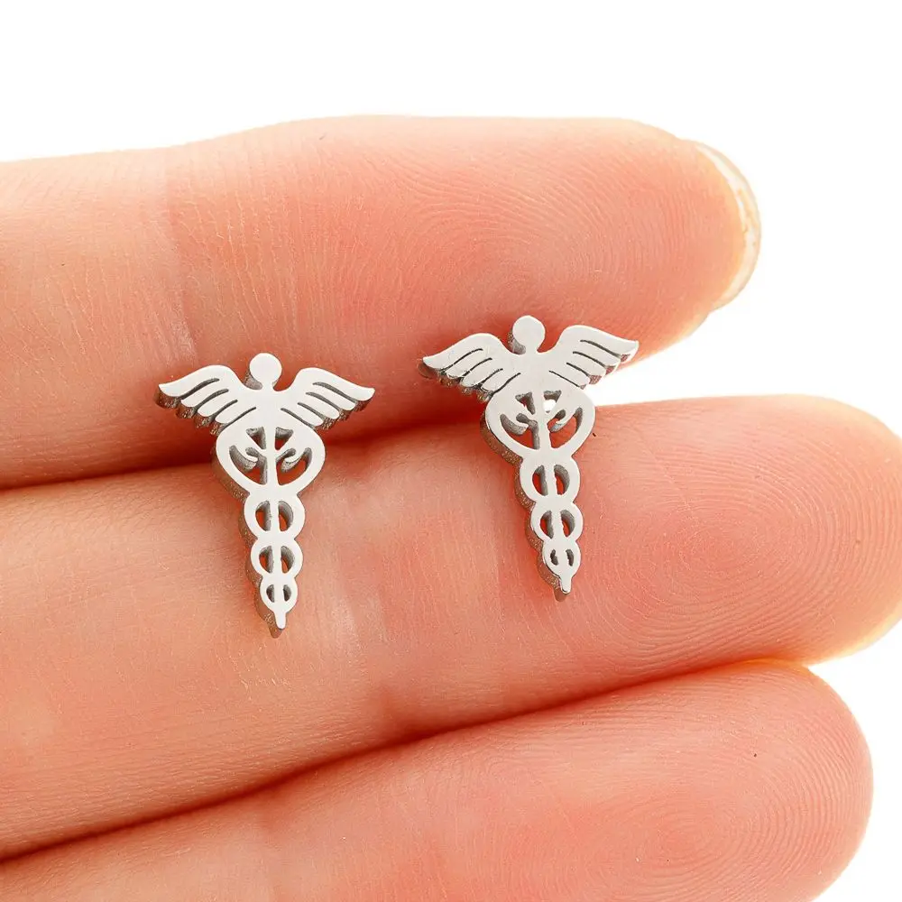 Jisensp Vintage Fashion Caduceus Medicine Symbol Stud Earrings Stainless Steel Snake Wings Earrings for Doctor Nurse Best Gift