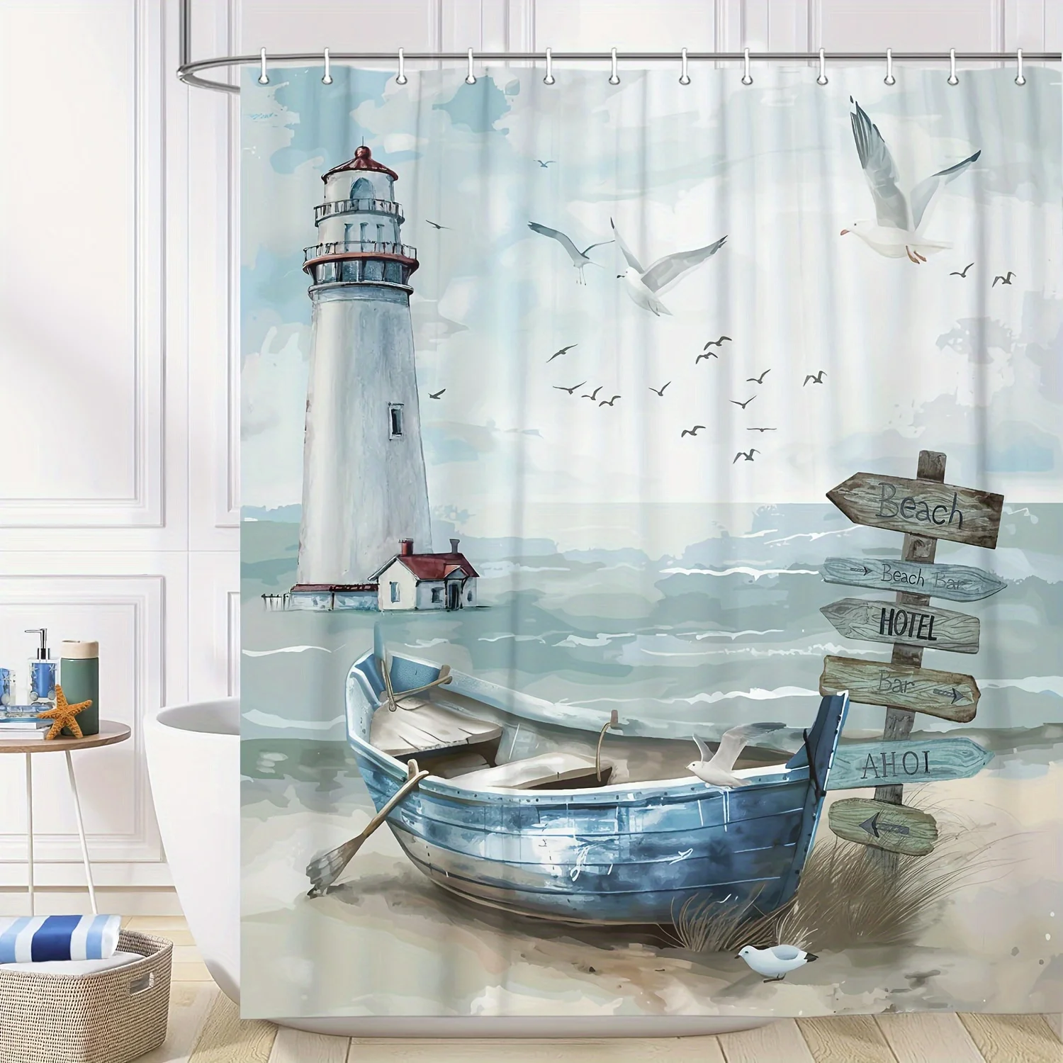 Coastal Charm Shower Curtain Set - Ocean Beach and Lighthouse Pattern, Waterproof Polyester Material, Hooks Included