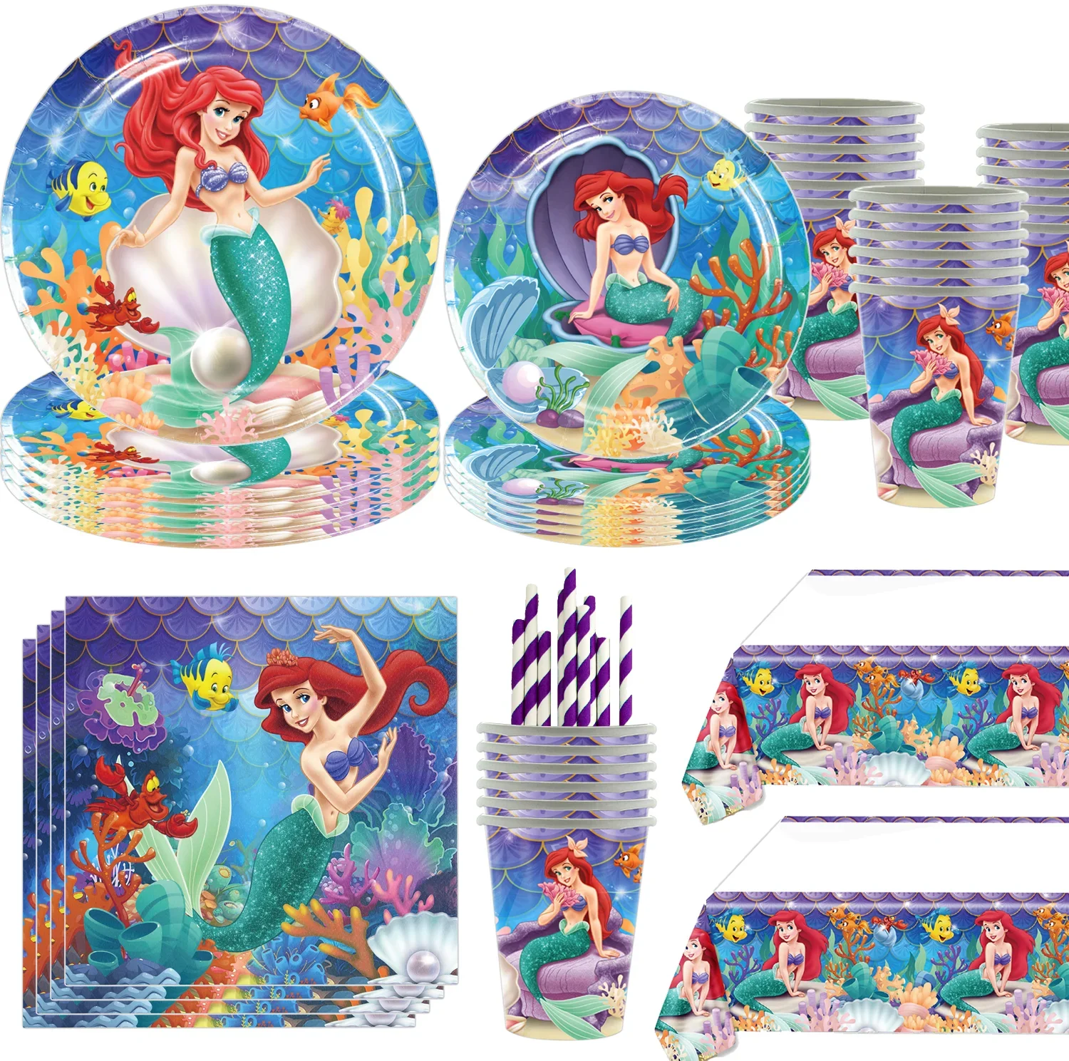 Disney Mermaid Kid Birthday Party Supplies Tableware Paper Cup Plate Napkins Baby Shower Foil Balloon Ariel Party Decoration