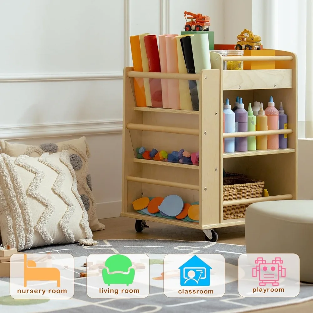 عربة فنية متنقلة متعددة الطبقات للأطفال - مساحة تخزين مصنوعة من خشب البتولا بعجلات