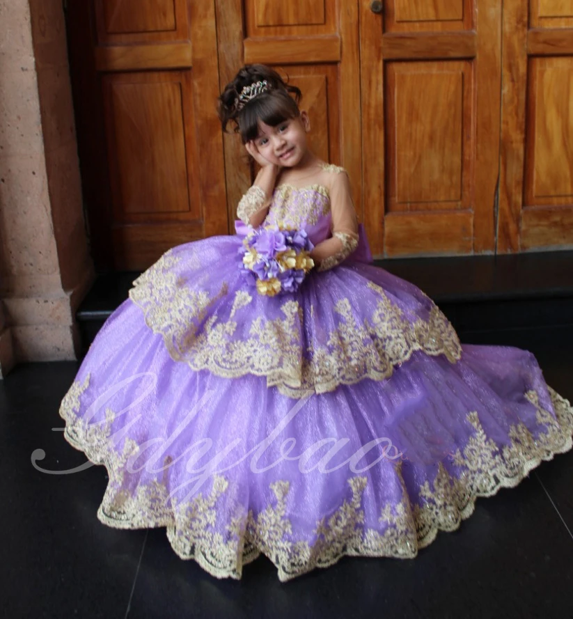 Red Flower Girl Dresses For Wedding Gold Applique Full Sleeves With Bow Ball Gowns First Communion Kids Birthday Party Dresses