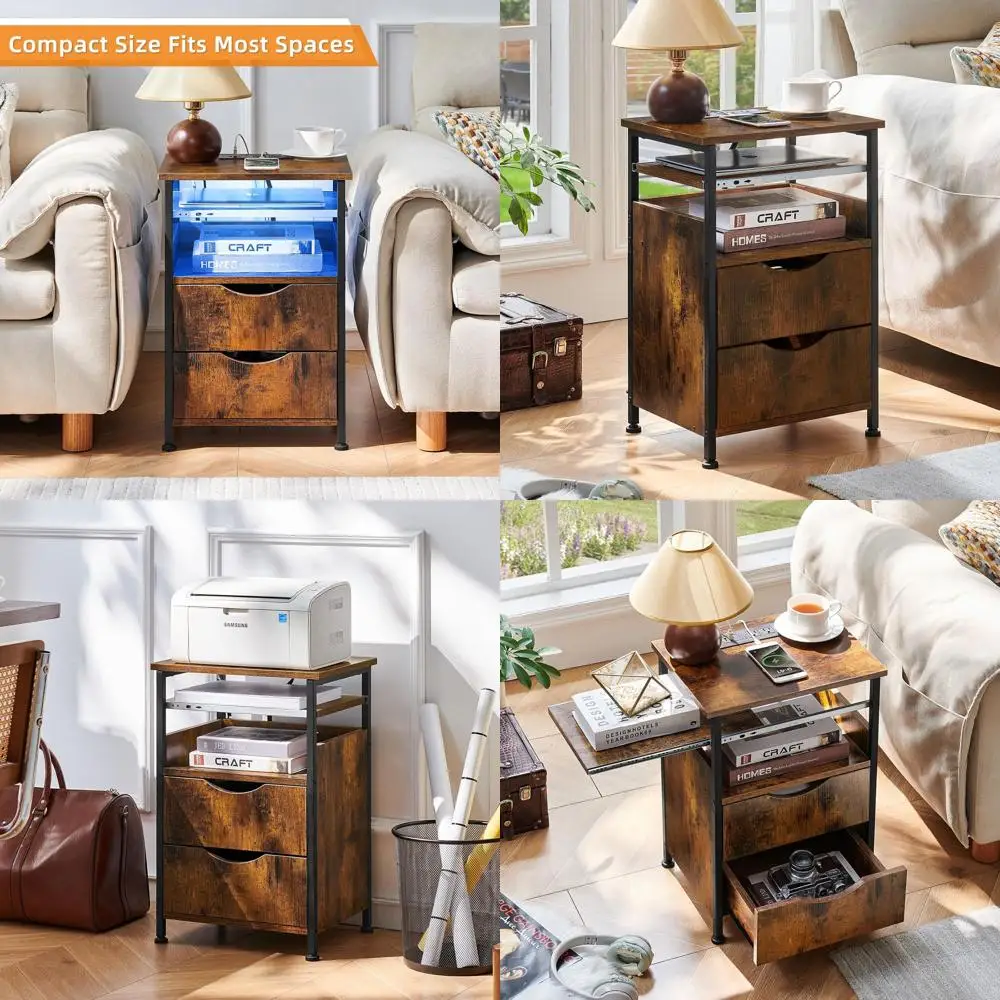 

Коричневый тонкий приставной столик с 2 ящиками, зарядной станцией и 7-цветной LED-подсветкой для спален и гостиных