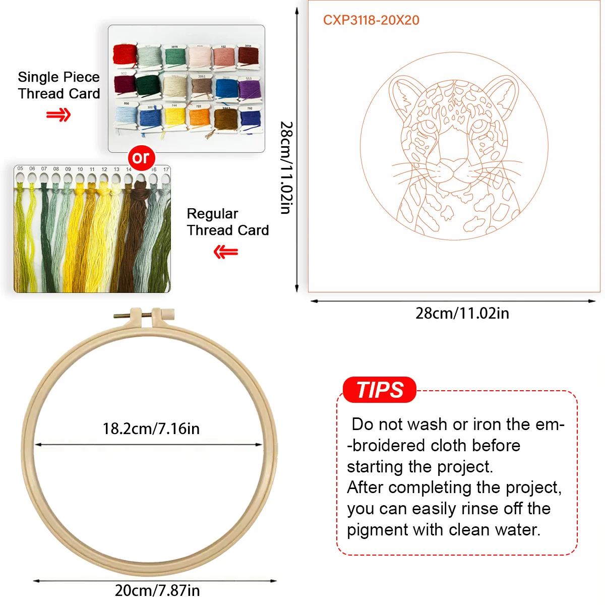 1 Stück 20X20CM/15X15CM 7,87/6,3 Zoll Tiger-Stickerei-Starter-Kit DIY-Kit DIY-Stickerei-Set für Anfänger – Detail 5