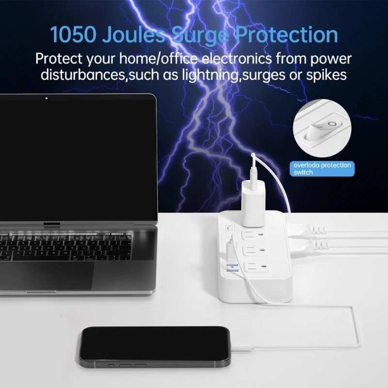 Multiple Outlet Power Strips 2Prong Flat Plug 5ft Extension Cord 8 Outlets 2 USB 2 Type C Port 2000J Surges Protections