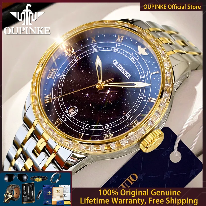 OUPINKE 3203 Orologio da uomo di lusso Orologio da uomo meccanico automatico con diamanti originali in scala romana con cielo stellato Movimento importato