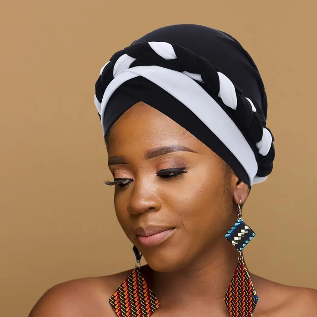 Patchwork Soft Stretchy Africa Braid Hijabs Cap Muslim Wrap Turban Hat Fashion Headtie Arab Headwrap Bonnet Ready To Wear