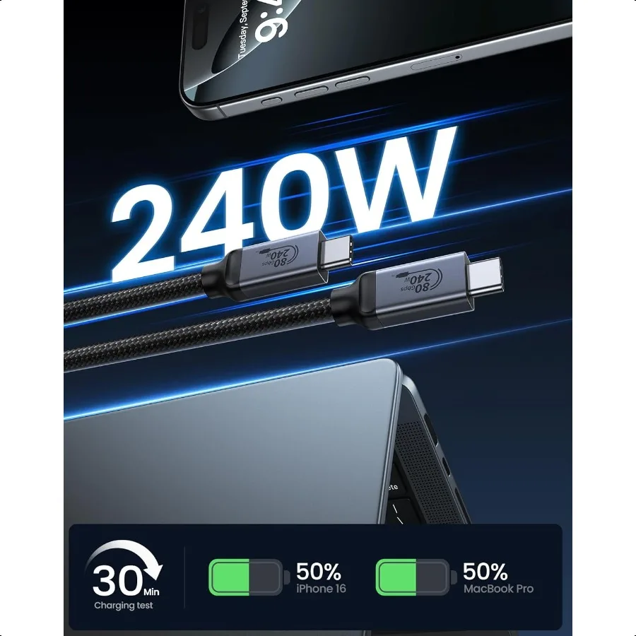 USB 4 80 جيجابت في الثانية لكابل Thunderbolt 5 بطول 5 أقدام [معتمدة USBBIF] ما يصل إلى عرض النطاق الترددي إلى 120 جيجابت في الثانية لكابل شاشة USB C المضفر المزدوج 8K 240 وات