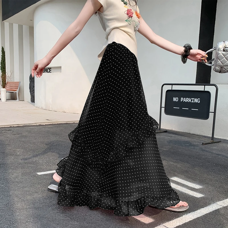 

Черная шифоновая юбка с цветочным принтом в горошек и асимметричным подолом, женская летняя новинка, модная свободная кружевная юбка в элегантном стиле H...