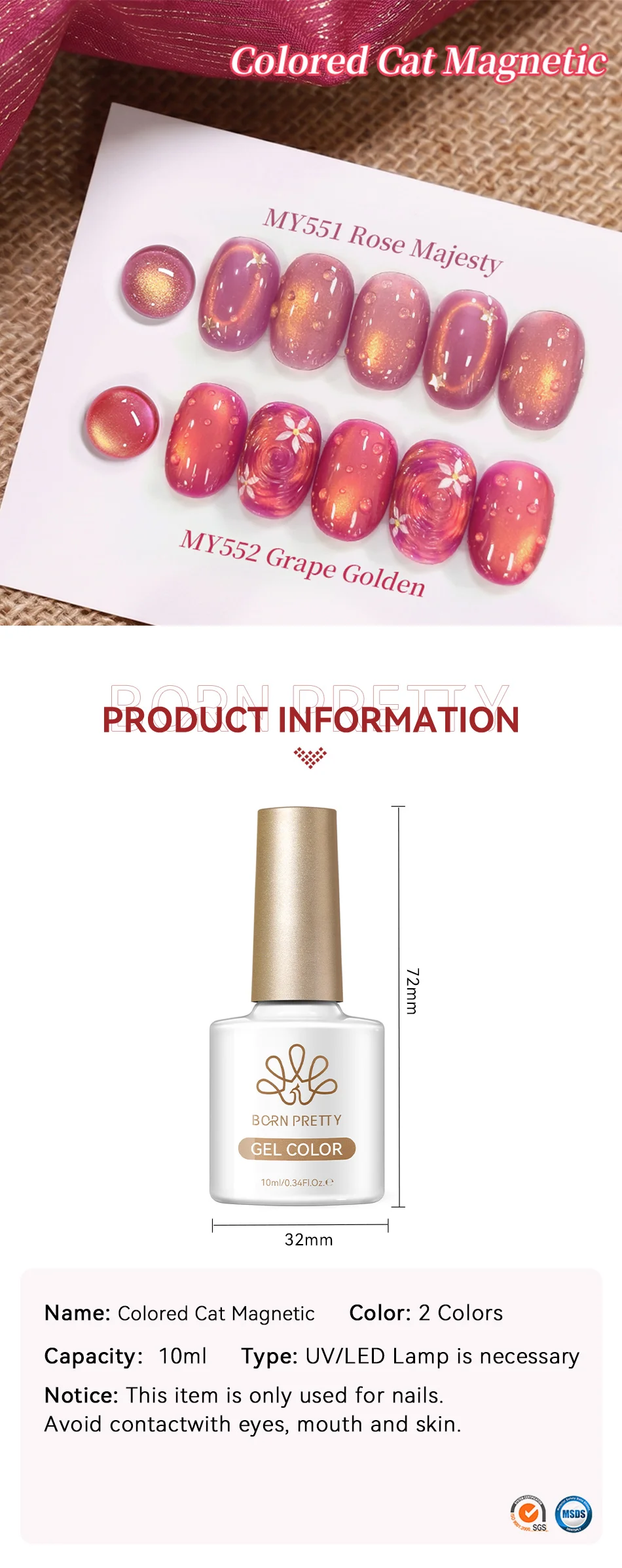 BORN PRETTY 10ml Grape Golden Cat Magnetischer Gel-Nagellack Rose Majesty Scarlet Jade Farbdesign Abziehbarer Frühling Sommer Maniküre – Detail 5