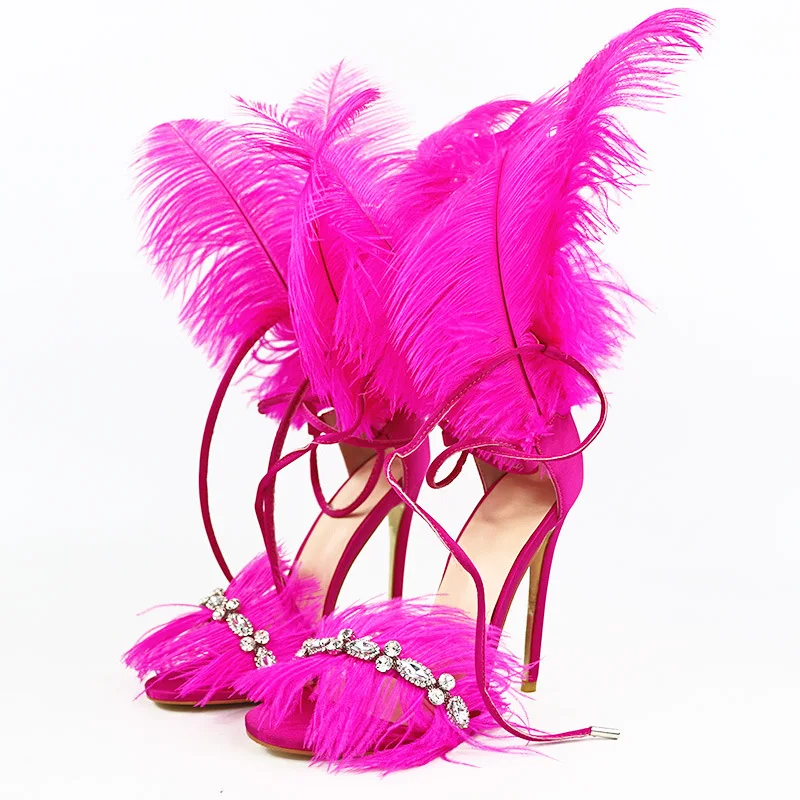 2023 Catwalk Feather High Heeled Sandals European and American Plus-size Women's Silk Rhinestone Stiletto Summer Sandals