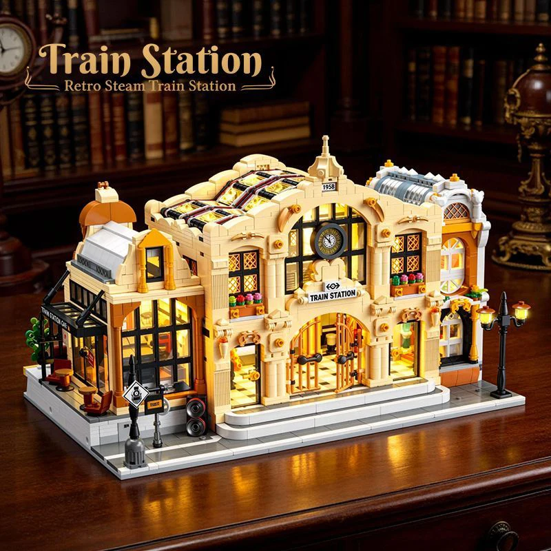 

Gifis holidays Creative IDEAS City Light Rail Building Blocks MOC street view Europe Train Station Creative Model Toys 3220pcs