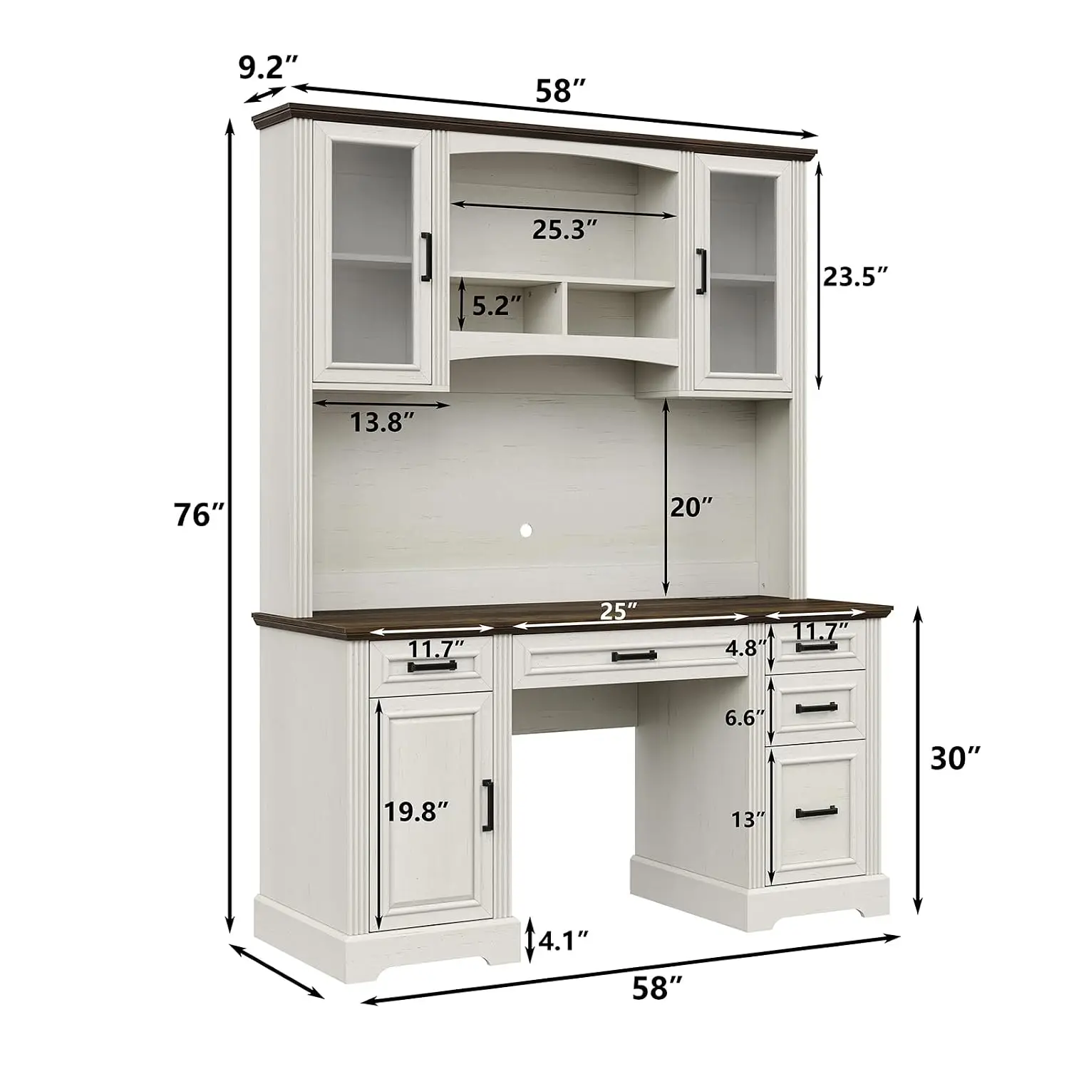 Farmhouse Executive Desk with Hutch, Charging Station, Drawers & Cabinet, 76