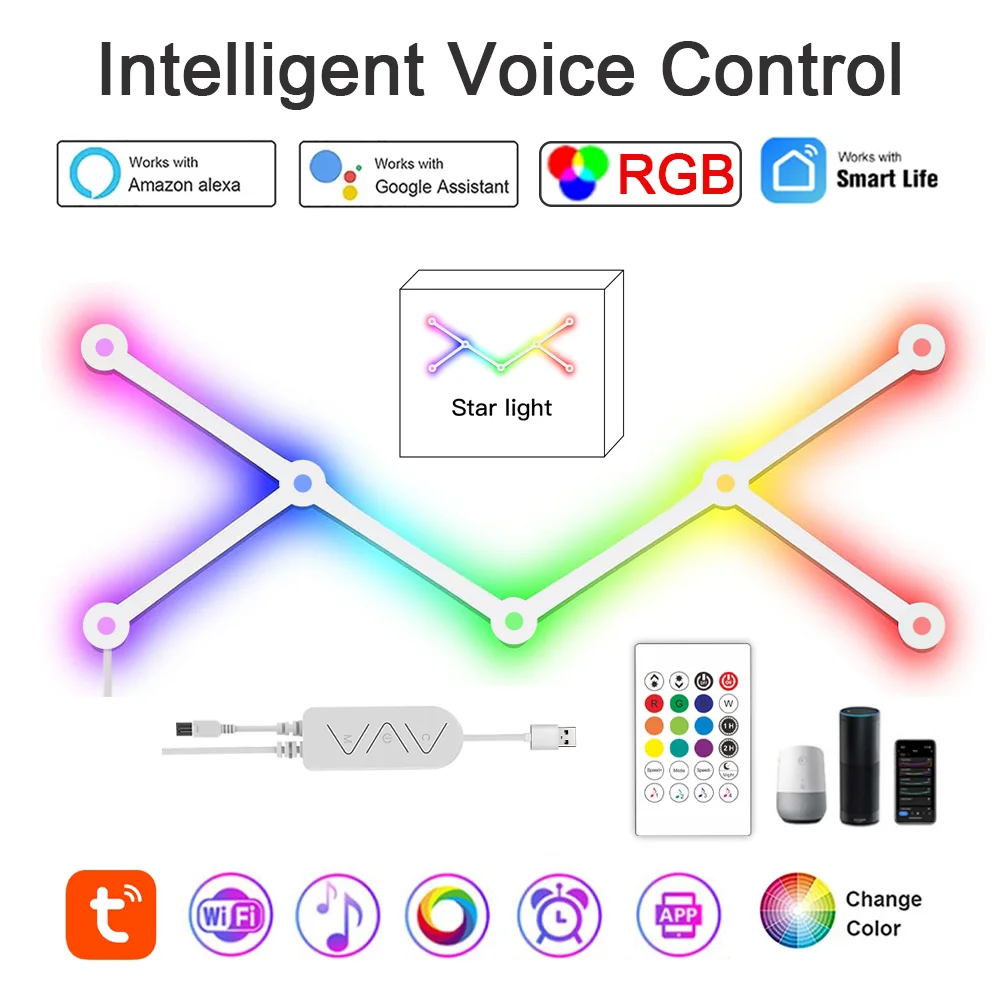 WIFI Smart Wall RGB Lights Bar Stepless Dimming LED Light Bar Music Sync and Voice Control App Control for Home Decor Gaming