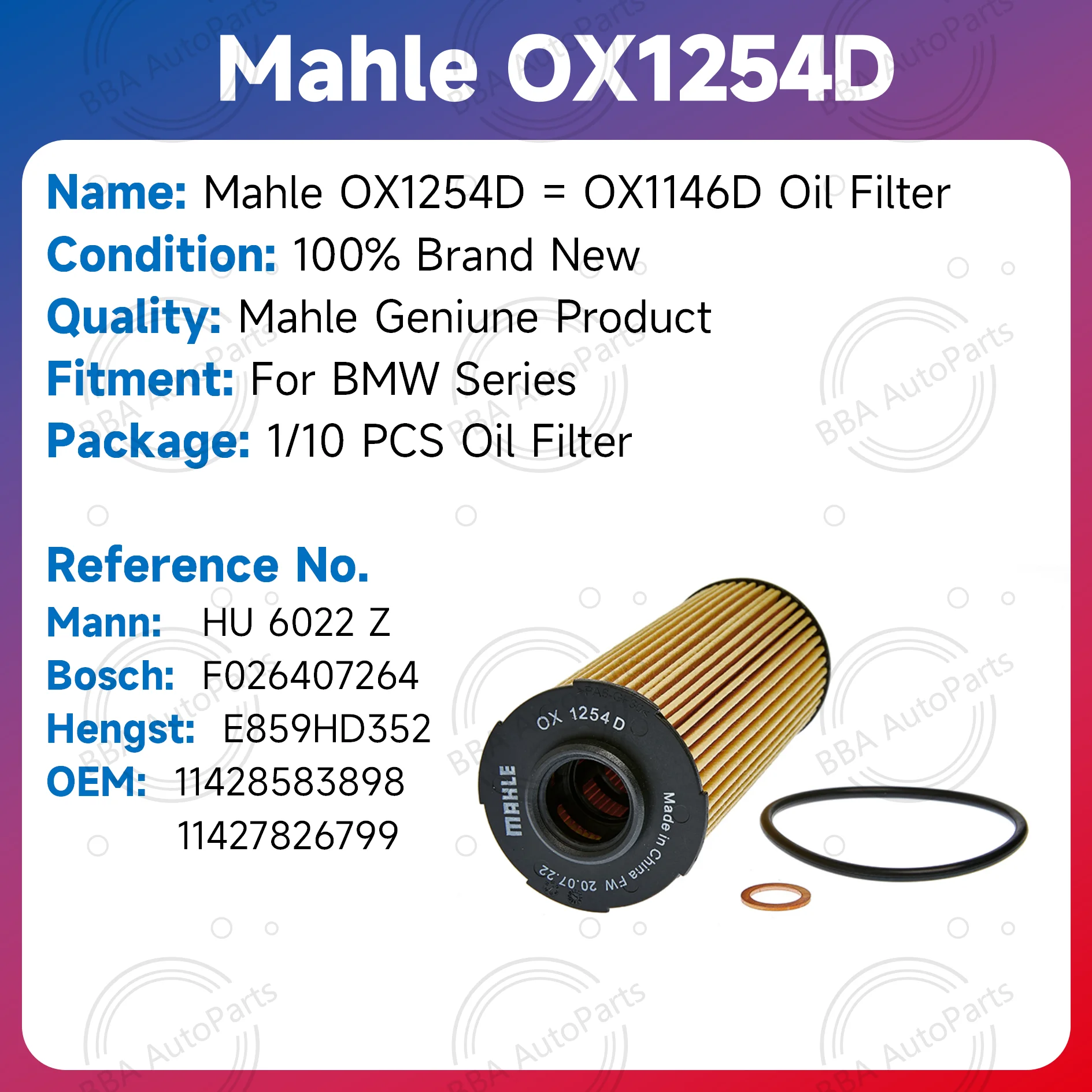 Mahle OX1254D OX1146D oil filter for BMW 520i 525i 530i 320i 325i X3 X4 X5 with OE 11428583898 11427826799