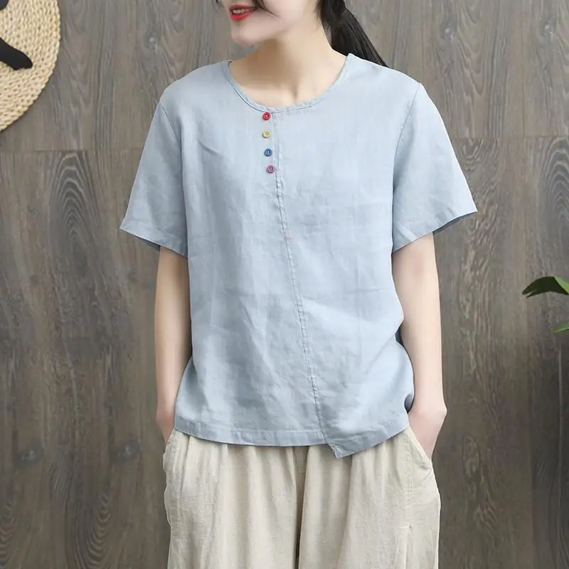 เสื้อยืดผ้าฝ้ายลินินสไตล์เรโทร ปักลาย สวมใส่สบาย ทรงหลวม สำหรับผู้หญิง ลำลอง แฟชั่นใหม่ ฤดูร้อน ดีไซน์ศิลปะ ทรงหลวม ไซส์ผู้หญิง...