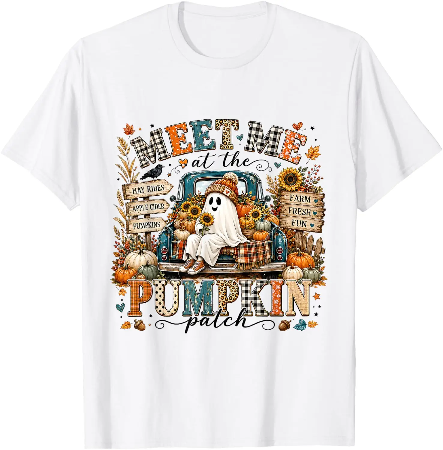 Meet Me At The Pumpkin Patch Fall Ghost Vintage Truck Women T-Shirt Men Women Unisex Novelty Graphic T‑Shirt, Classic Crew Neck 100% Cotton Tee, Lightweight Anti‑Pilling Breathable Casual Tops, Year‑Round Daily Outfit, Holiday Birthday Present Tee