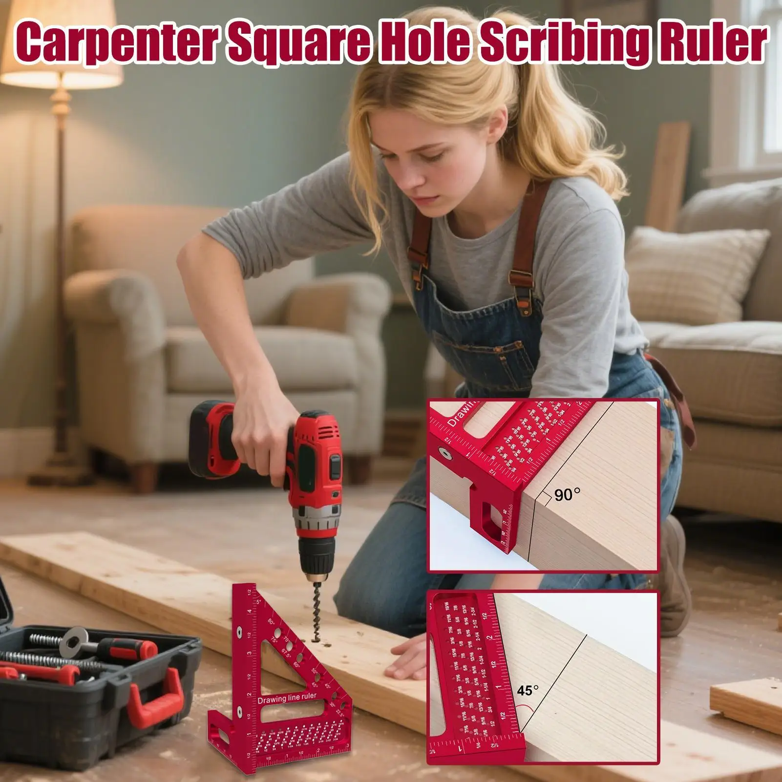 Carpinteiro quadrado precisão carpintaria enquadramento ferramentas transferidor régua 22.5-90 graus liga de alumínio linha desenho ferramenta