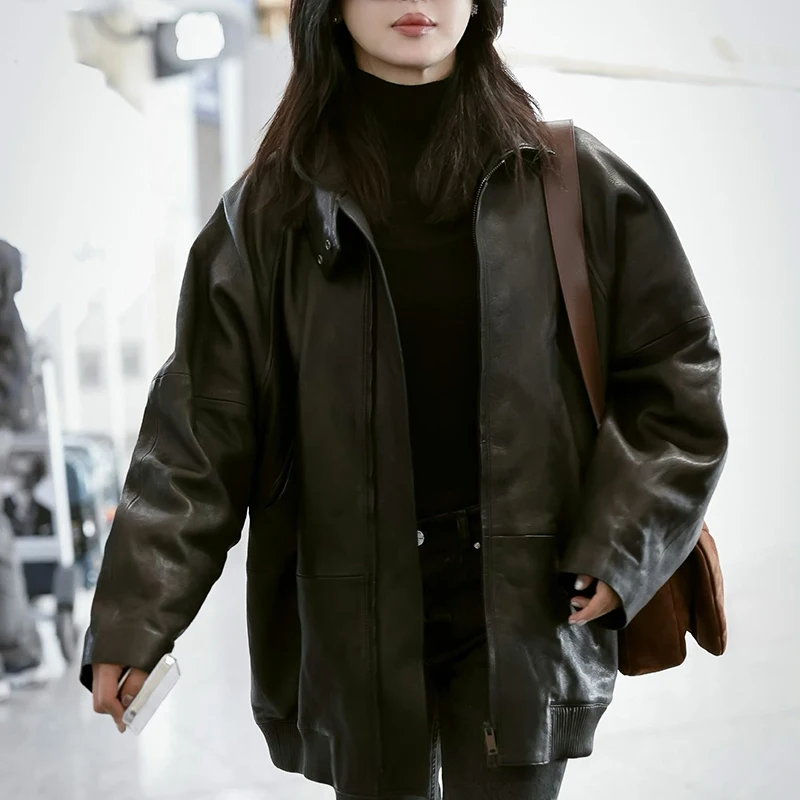 Kurtka ze skóry naturalnej 100% damska, garbowana roślinnie skóra owcza, motocyklowa, casualowa, średniej długości, luźna, czarna kurtka Lederjacken Frauen