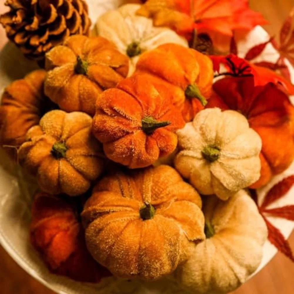 

12pc Velvet Artificial Pumpkins Decoration Red Pumpkin Decor For Fall Halloween Thanksgiving Autumn Harvest And Home Decorations