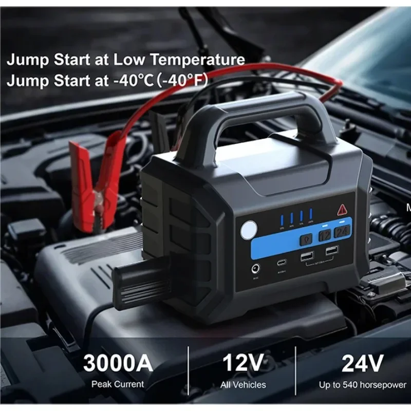 Carcu-Lithium-Batterie-Startkabel, 12 V, 24 V, mit LED-Licht, Notstromversorgung für LKW, Motorrad, 3000 A, Spitze